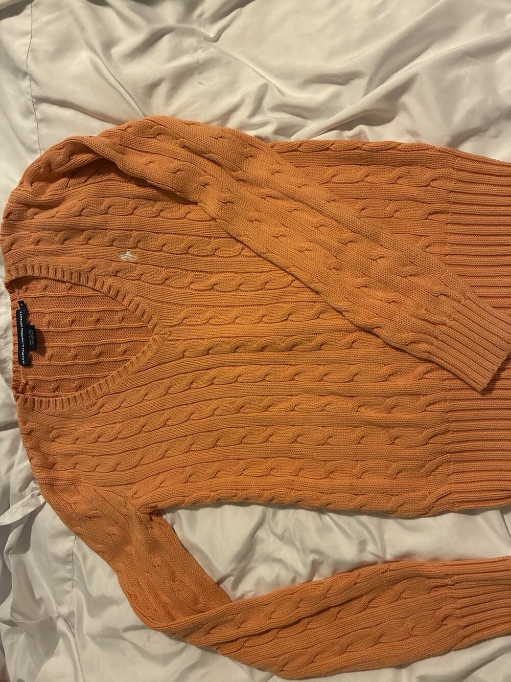 Ralph Lauren Women’s Orange Cable Knit V-Neck Sweater w/Sky White Horse Size M